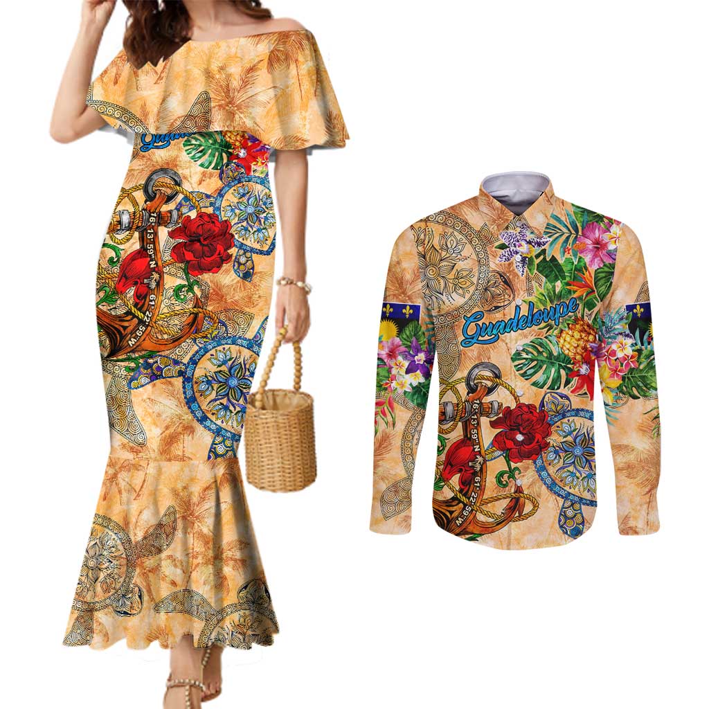 Guadeloupe Couples Matching Mermaid Dress and Long Sleeve Button Shirt Geographic Coordinate Anchor - Turlte Tropical