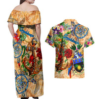 Guadeloupe Couples Matching Off Shoulder Maxi Dress and Hawaiian Shirt Geographic Coordinate Anchor - Turlte Tropical