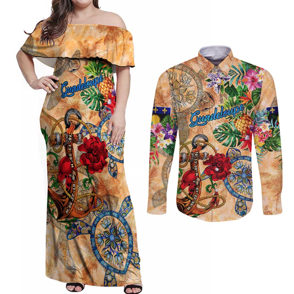 Guadeloupe Couples Matching Off Shoulder Maxi Dress and Long Sleeve Button Shirt Geographic Coordinate Anchor - Turlte Tropical