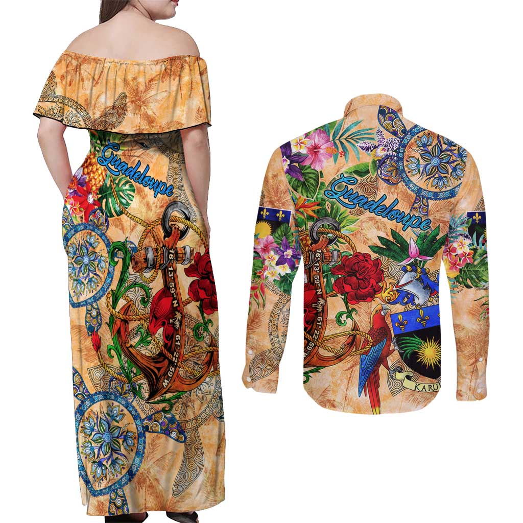 Guadeloupe Couples Matching Off Shoulder Maxi Dress and Long Sleeve Button Shirt Geographic Coordinate Anchor - Turlte Tropical