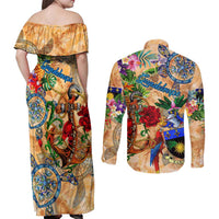 Guadeloupe Couples Matching Off Shoulder Maxi Dress and Long Sleeve Button Shirt Geographic Coordinate Anchor - Turlte Tropical