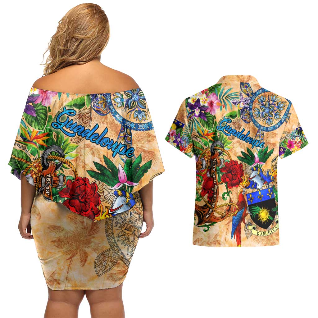 Guadeloupe Couples Matching Off Shoulder Short Dress and Hawaiian Shirt Geographic Coordinate Anchor - Turlte Tropical
