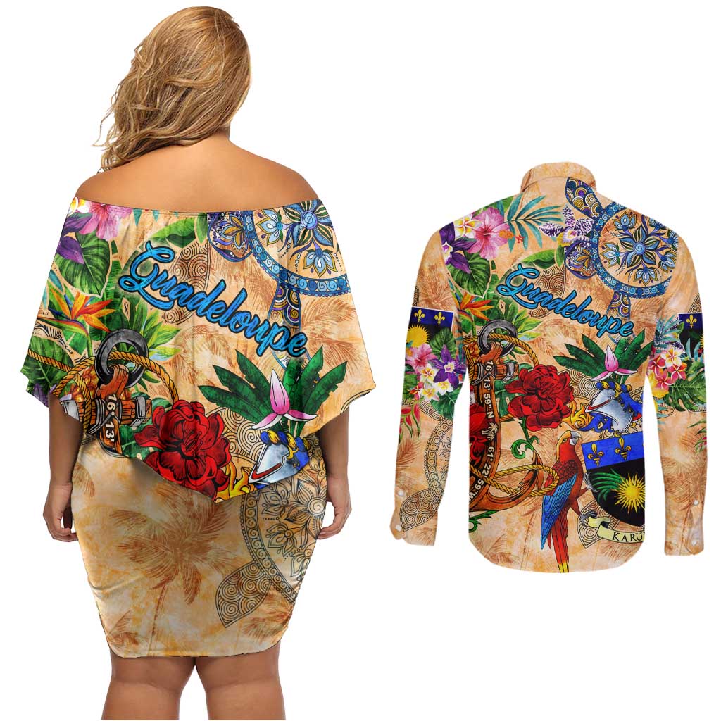 Guadeloupe Couples Matching Off Shoulder Short Dress and Long Sleeve Button Shirt Geographic Coordinate Anchor - Turlte Tropical