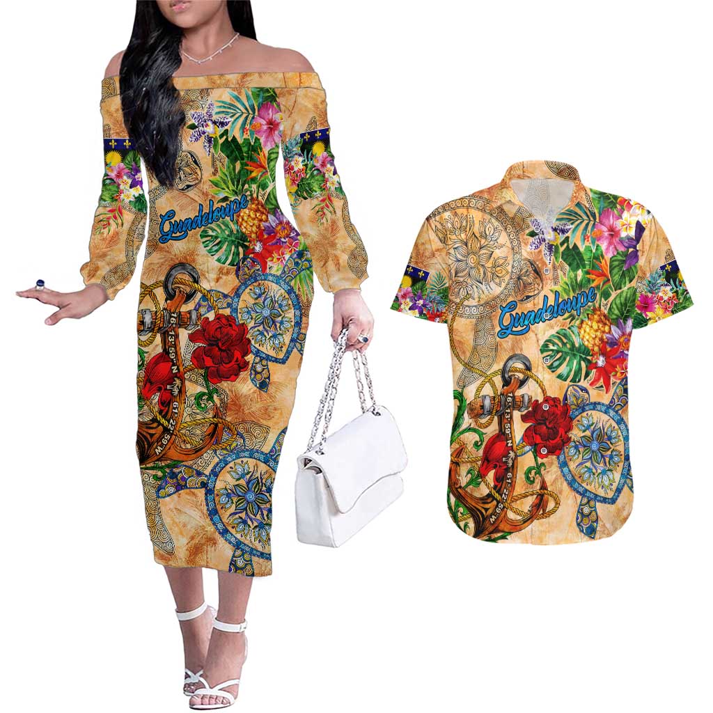 Guadeloupe Couples Matching Off The Shoulder Long Sleeve Dress and Hawaiian Shirt Geographic Coordinate Anchor - Turlte Tropical