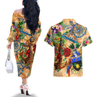 Guadeloupe Couples Matching Off The Shoulder Long Sleeve Dress and Hawaiian Shirt Geographic Coordinate Anchor - Turlte Tropical