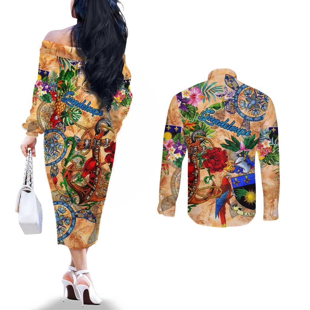Guadeloupe Couples Matching Off The Shoulder Long Sleeve Dress and Long Sleeve Button Shirt Geographic Coordinate Anchor - Turlte Tropical