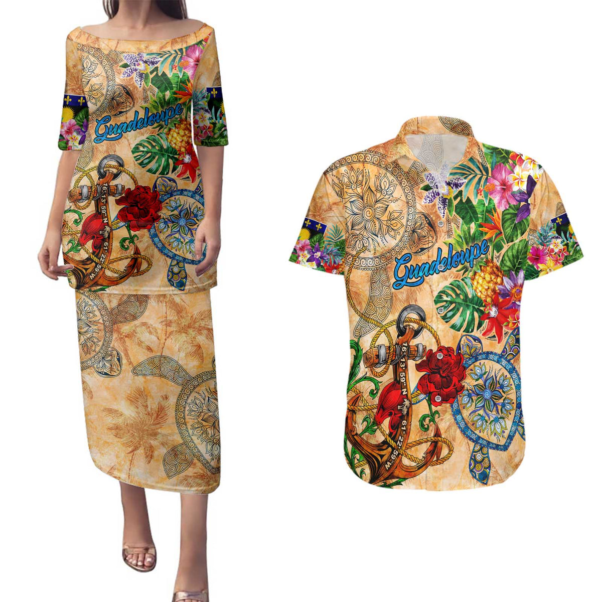 Guadeloupe Couples Matching Puletasi and Hawaiian Shirt Geographic Coordinate Anchor - Turlte Tropical