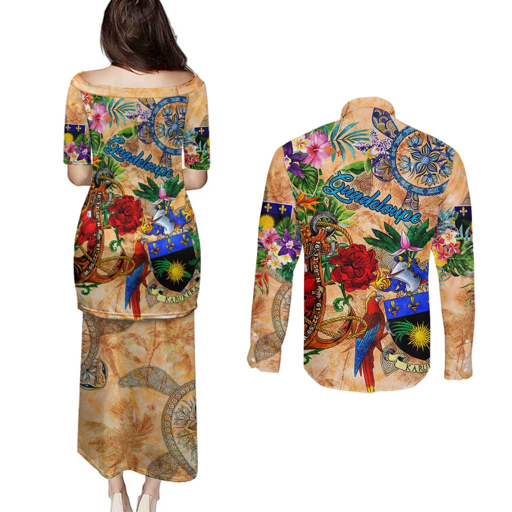 Guadeloupe Couples Matching Puletasi and Long Sleeve Button Shirt Geographic Coordinate Anchor - Turlte Tropical