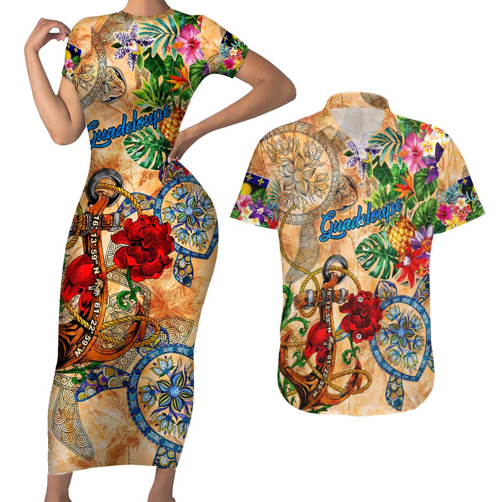 Guadeloupe Couples Matching Short Sleeve Bodycon Dress and Hawaiian Shirt Geographic Coordinate Anchor - Turlte Tropical