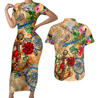 Guadeloupe Couples Matching Short Sleeve Bodycon Dress and Hawaiian Shirt Geographic Coordinate Anchor - Turlte Tropical