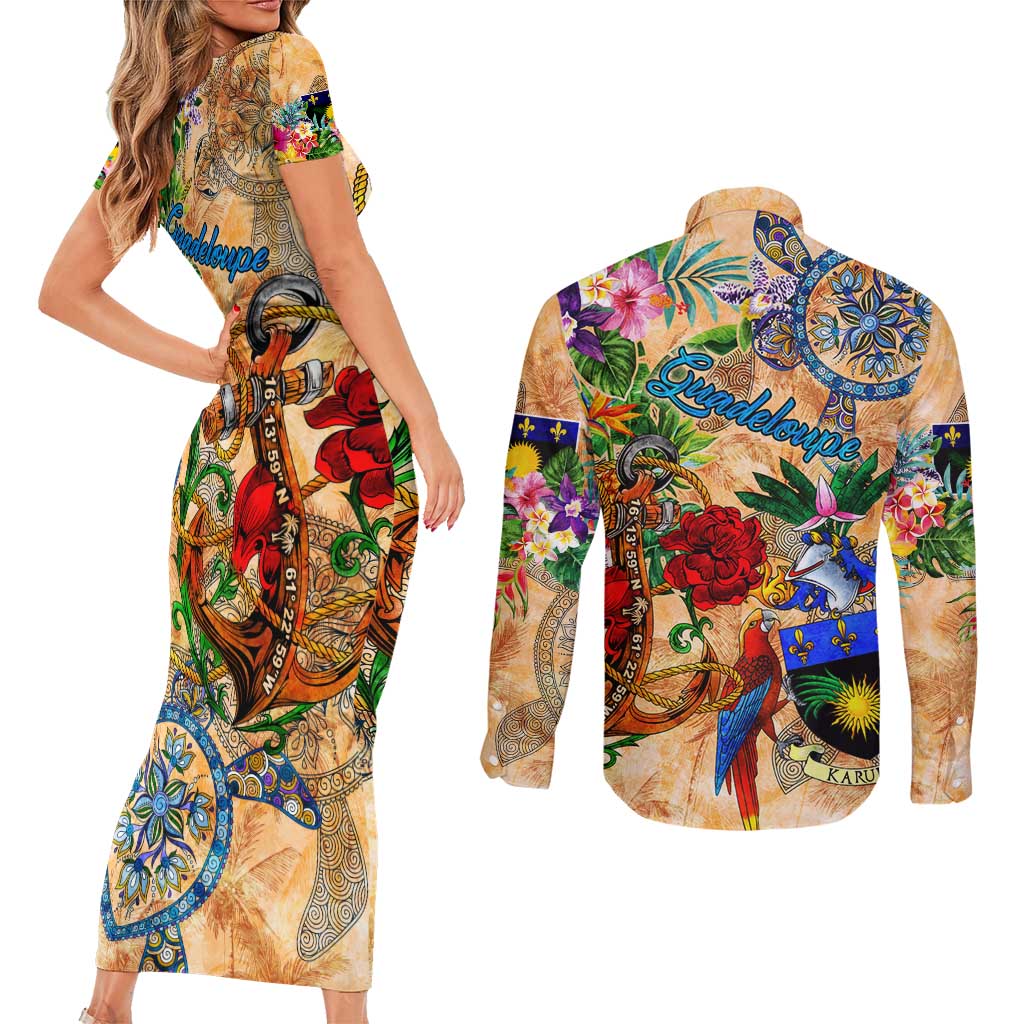 Guadeloupe Couples Matching Short Sleeve Bodycon Dress and Long Sleeve Button Shirt Geographic Coordinate Anchor - Turlte Tropical