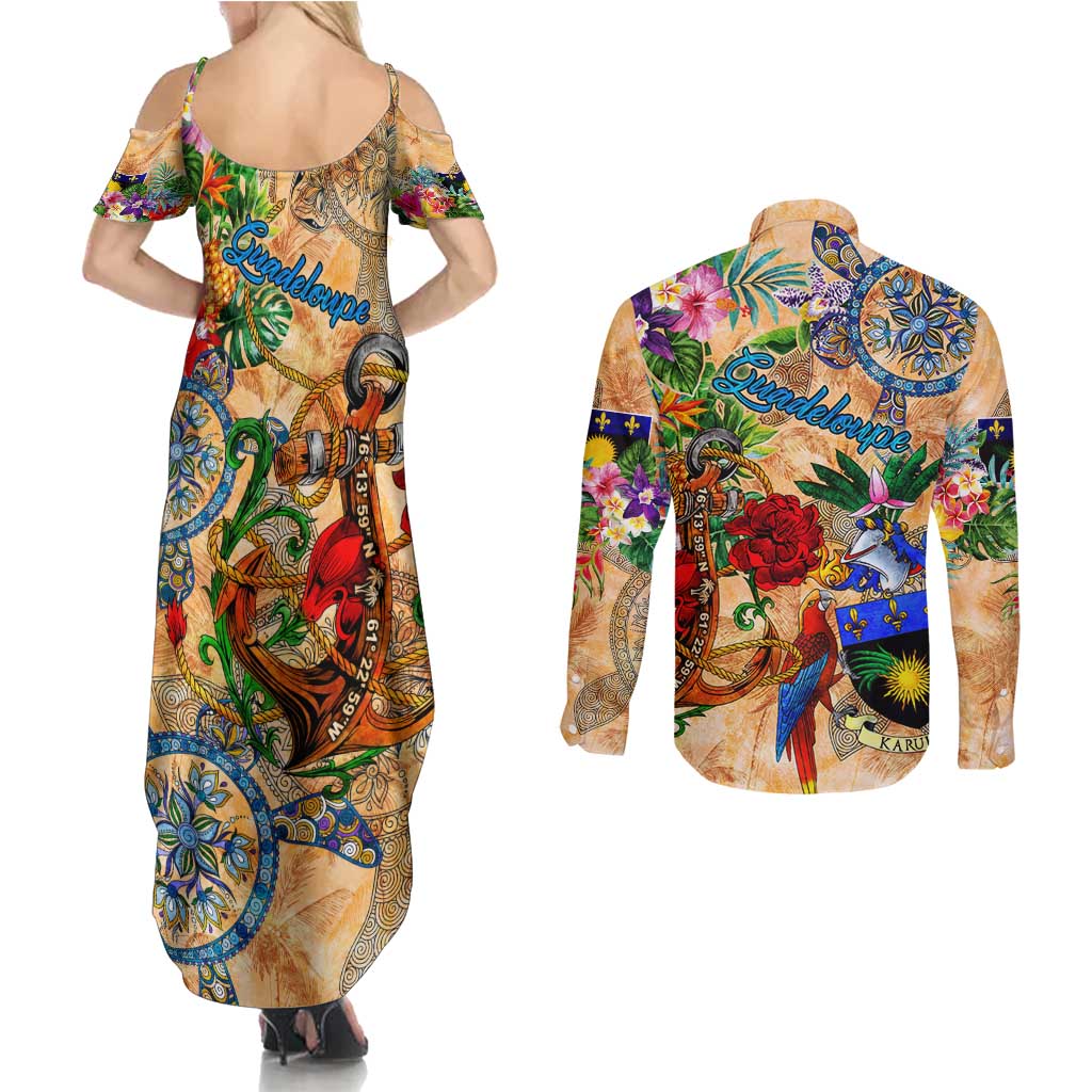 Guadeloupe Couples Matching Summer Maxi Dress and Long Sleeve Button Shirt Geographic Coordinate Anchor - Turlte Tropical