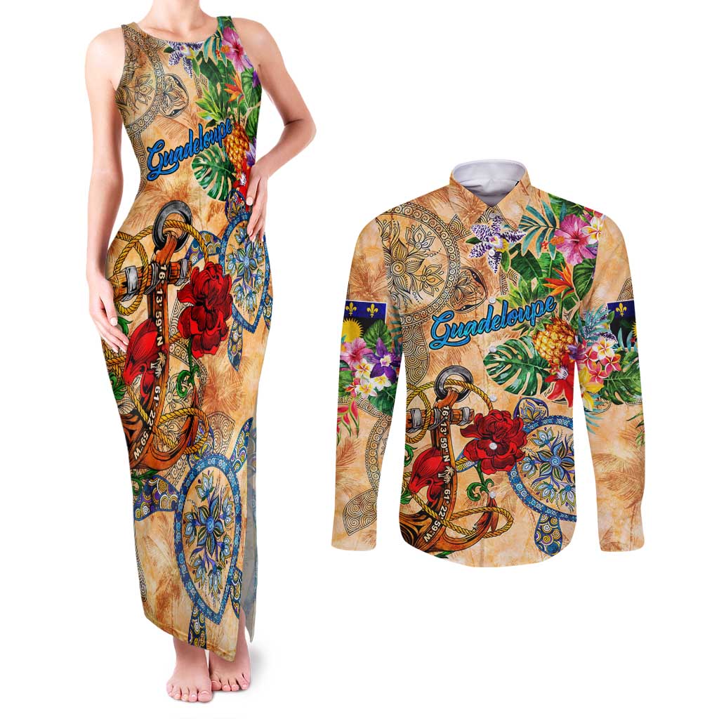 Guadeloupe Couples Matching Tank Maxi Dress and Long Sleeve Button Shirt Geographic Coordinate Anchor - Turlte Tropical