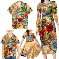 Guadeloupe Family Matching Long Sleeve Bodycon Dress and Hawaiian Shirt Geographic Coordinate Anchor - Turlte Tropical