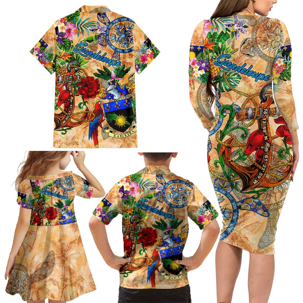 Guadeloupe Family Matching Long Sleeve Bodycon Dress and Hawaiian Shirt Geographic Coordinate Anchor - Turlte Tropical
