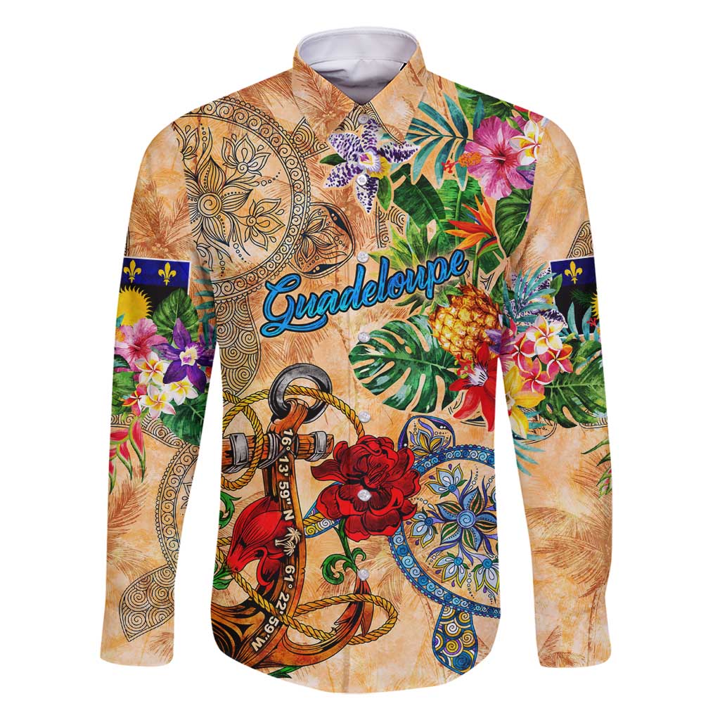 Guadeloupe Family Matching Long Sleeve Bodycon Dress and Hawaiian Shirt Geographic Coordinate Anchor - Turlte Tropical