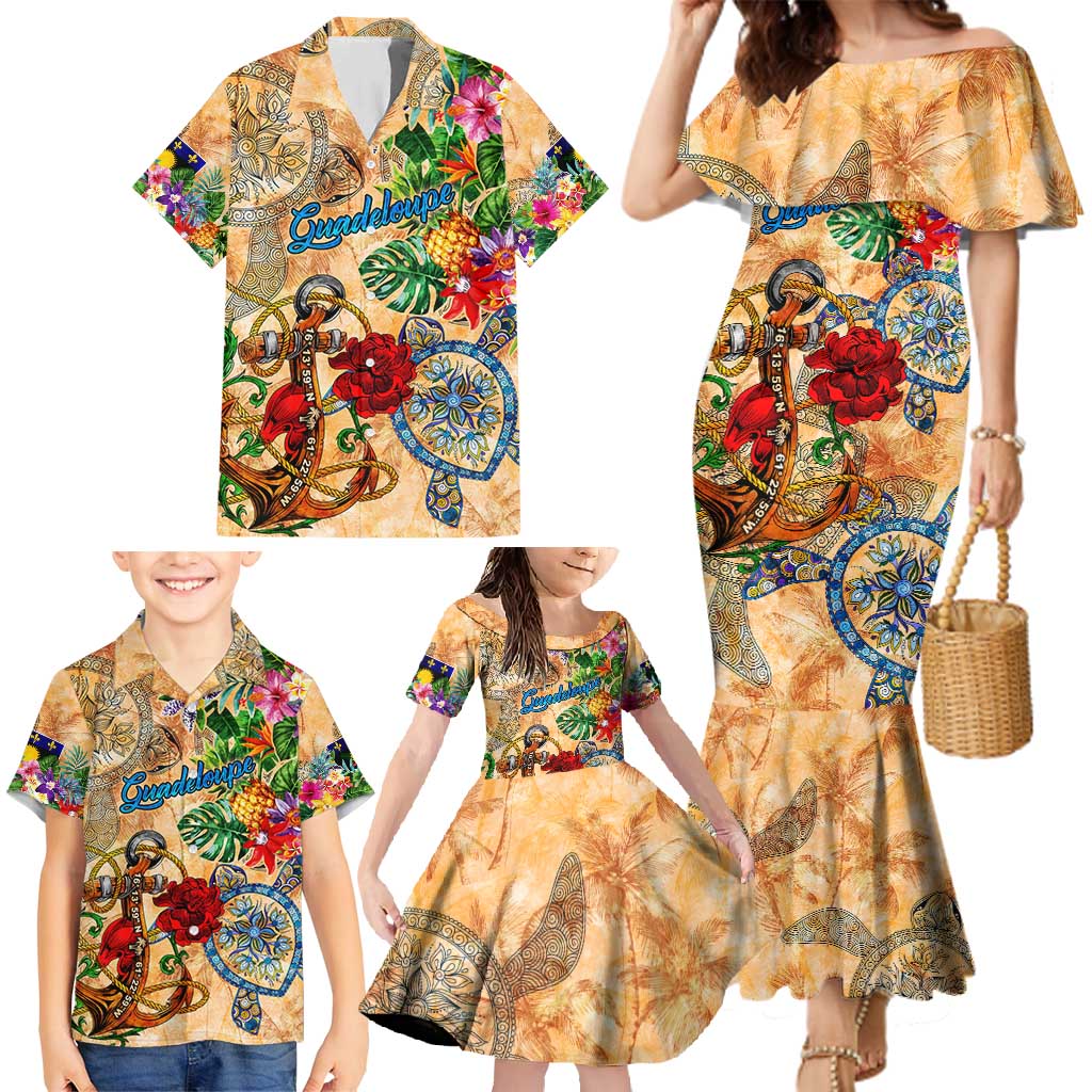 Guadeloupe Family Matching Mermaid Dress and Hawaiian Shirt Geographic Coordinate Anchor - Turlte Tropical