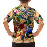 Guadeloupe Family Matching Off The Shoulder Long Sleeve Dress and Hawaiian Shirt Geographic Coordinate Anchor - Turlte Tropical