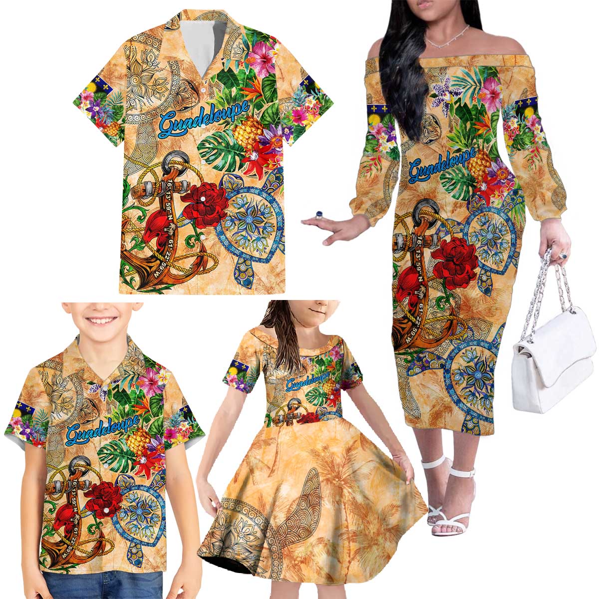 Guadeloupe Family Matching Off The Shoulder Long Sleeve Dress and Hawaiian Shirt Geographic Coordinate Anchor - Turlte Tropical