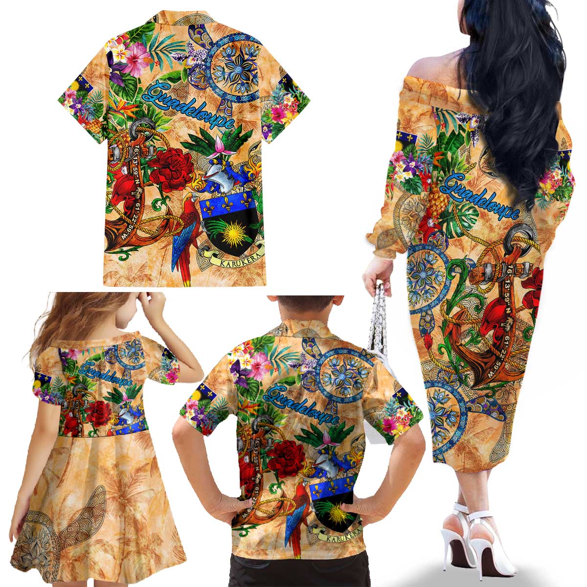 Guadeloupe Family Matching Off The Shoulder Long Sleeve Dress and Hawaiian Shirt Geographic Coordinate Anchor - Turlte Tropical