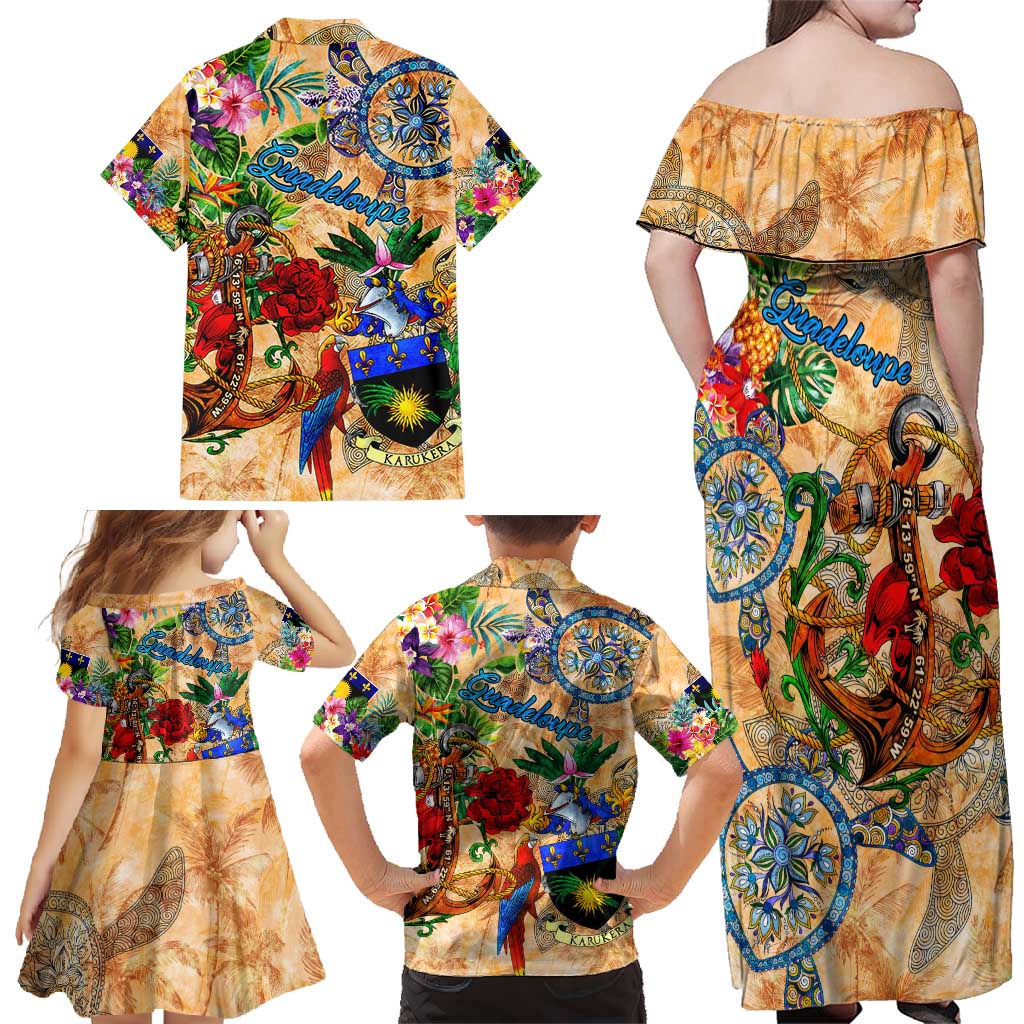 Guadeloupe Family Matching Off Shoulder Maxi Dress and Hawaiian Shirt Geographic Coordinate Anchor - Turlte Tropical