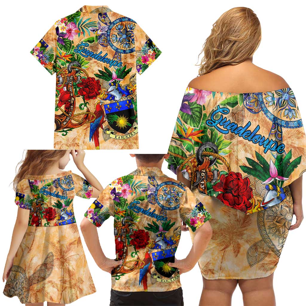 Guadeloupe Family Matching Off Shoulder Short Dress and Hawaiian Shirt Geographic Coordinate Anchor - Turlte Tropical