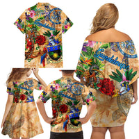 Guadeloupe Family Matching Off Shoulder Short Dress and Hawaiian Shirt Geographic Coordinate Anchor - Turlte Tropical