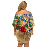 Guadeloupe Family Matching Off Shoulder Short Dress and Hawaiian Shirt Geographic Coordinate Anchor - Turlte Tropical