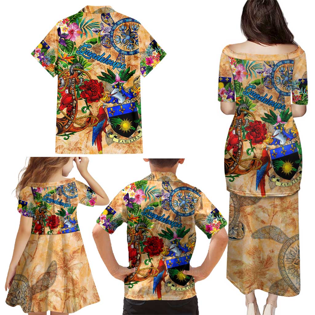Guadeloupe Family Matching Puletasi and Hawaiian Shirt Geographic Coordinate Anchor - Turlte Tropical