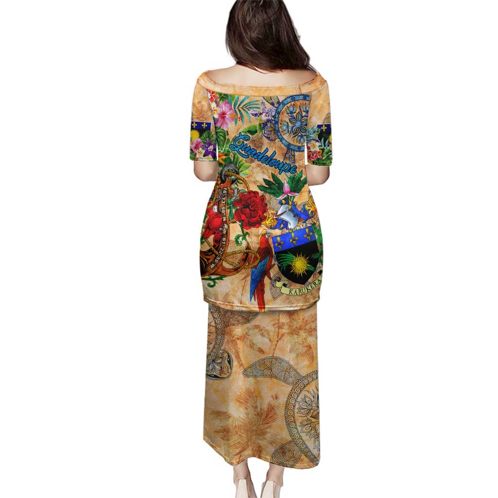 Guadeloupe Family Matching Puletasi and Hawaiian Shirt Geographic Coordinate Anchor - Turlte Tropical