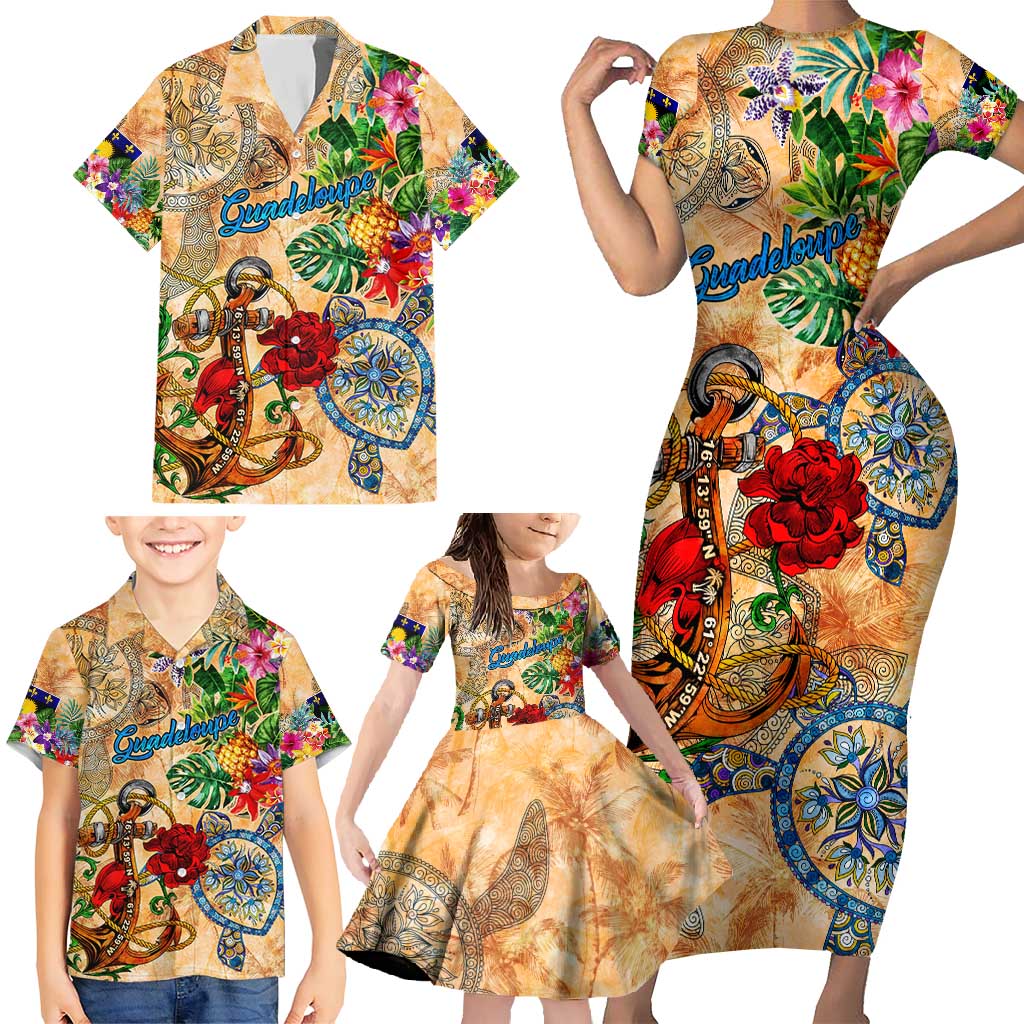 Guadeloupe Family Matching Short Sleeve Bodycon Dress and Hawaiian Shirt Geographic Coordinate Anchor - Turlte Tropical
