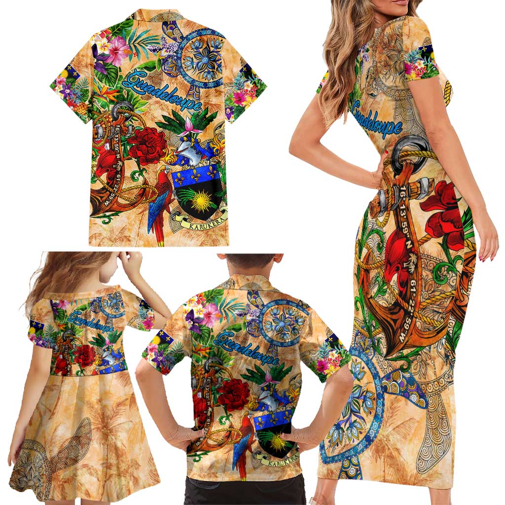 Guadeloupe Family Matching Short Sleeve Bodycon Dress and Hawaiian Shirt Geographic Coordinate Anchor - Turlte Tropical