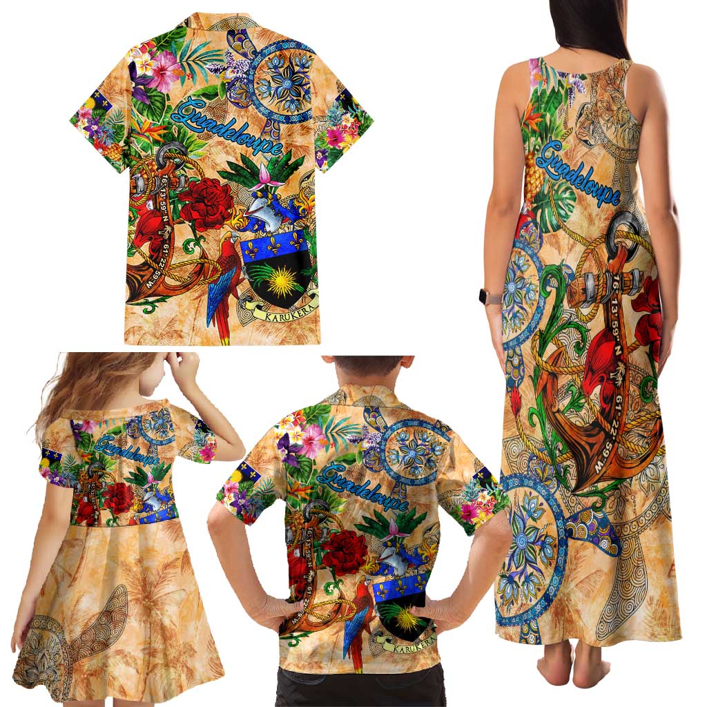 Guadeloupe Family Matching Tank Maxi Dress and Hawaiian Shirt Geographic Coordinate Anchor - Turlte Tropical