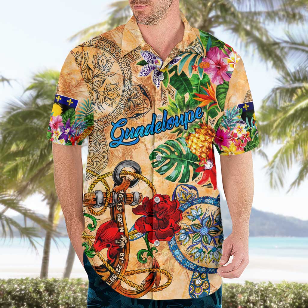 Guadeloupe Hawaiian Shirt Geographic Coordinate Anchor - Turlte Tropical
