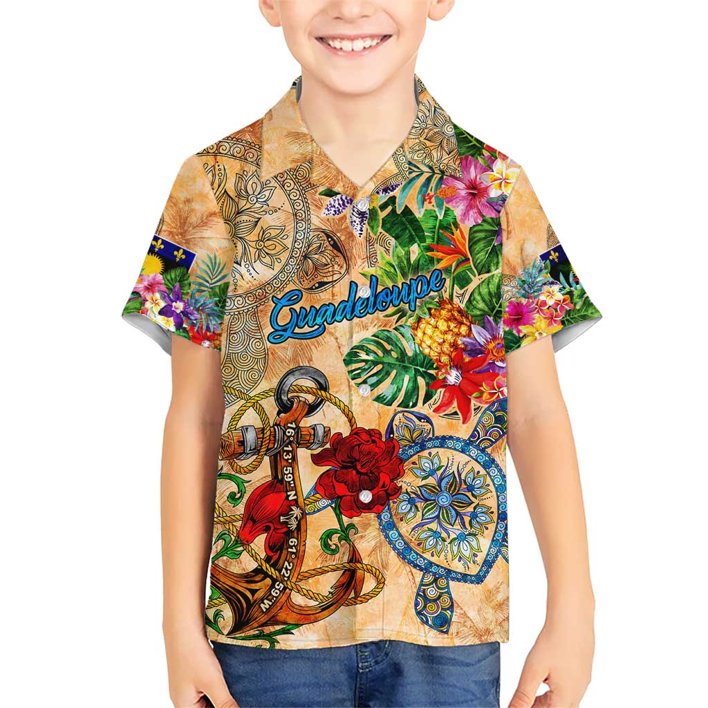 Guadeloupe Kid Hawaiian Shirt Geographic Coordinate Anchor - Turlte Tropical