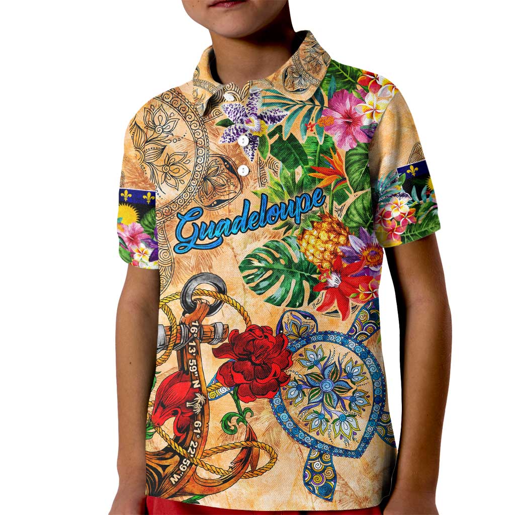 Guadeloupe Kid Polo Shirt Geographic Coordinate Anchor - Turlte Tropical