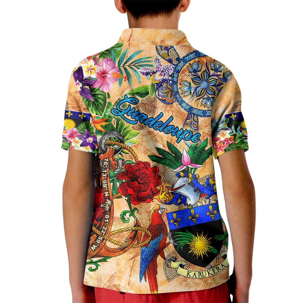 Guadeloupe Kid Polo Shirt Geographic Coordinate Anchor - Turlte Tropical