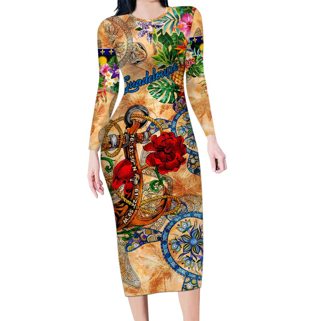 Guadeloupe Long Sleeve Bodycon Dress Geographic Coordinate Anchor - Turlte Tropical
