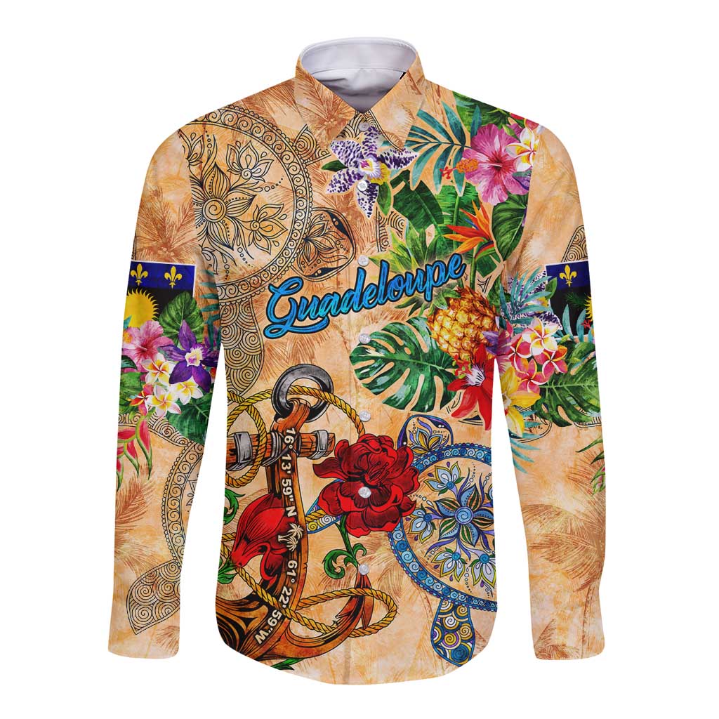 Guadeloupe Long Sleeve Button Shirt Geographic Coordinate Anchor - Turlte Tropical