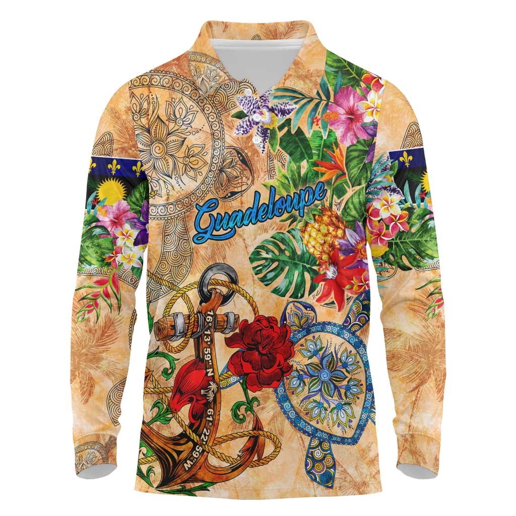 Guadeloupe Long Sleeve Polo Shirt Geographic Coordinate Anchor - Turlte Tropical