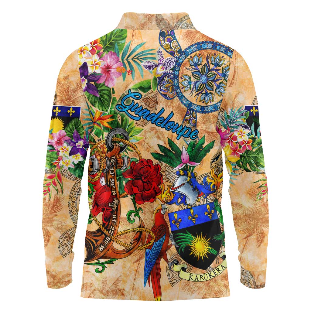 Guadeloupe Long Sleeve Polo Shirt Geographic Coordinate Anchor - Turlte Tropical