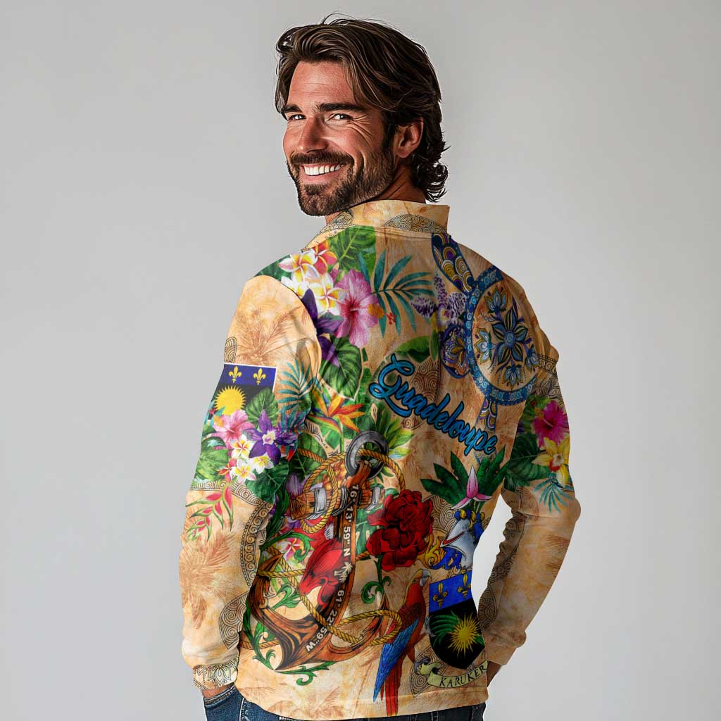 Guadeloupe Long Sleeve Polo Shirt Geographic Coordinate Anchor - Turlte Tropical