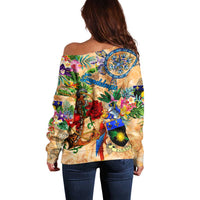 Guadeloupe Off Shoulder Sweater Geographic Coordinate Anchor - Turlte Tropical