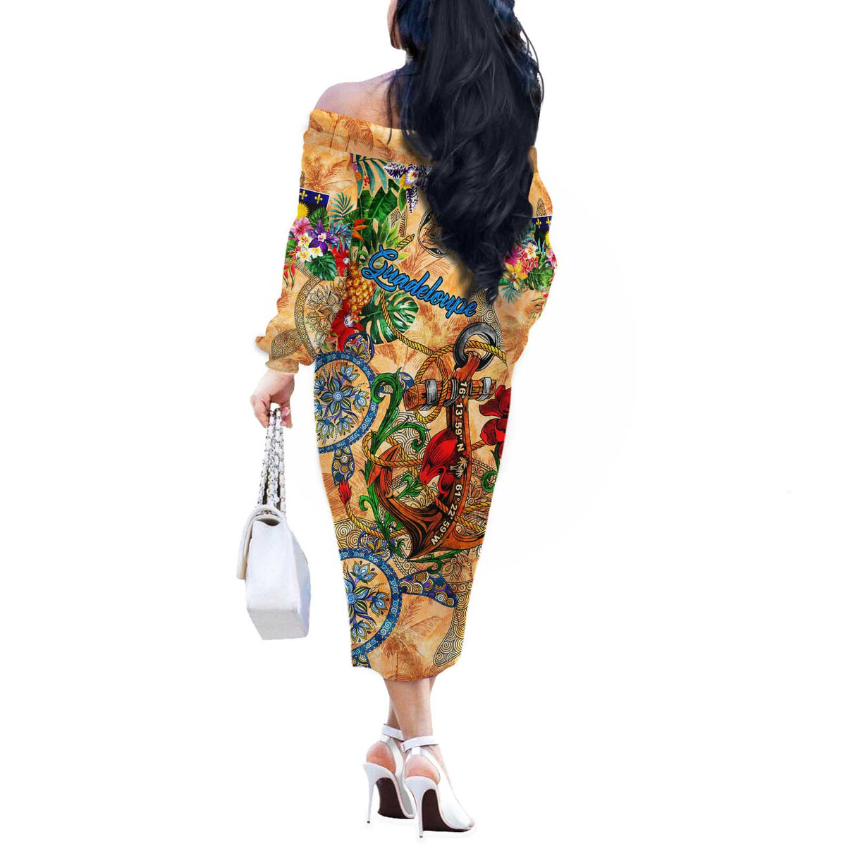 Guadeloupe Off The Shoulder Long Sleeve Dress Geographic Coordinate Anchor - Turlte Tropical