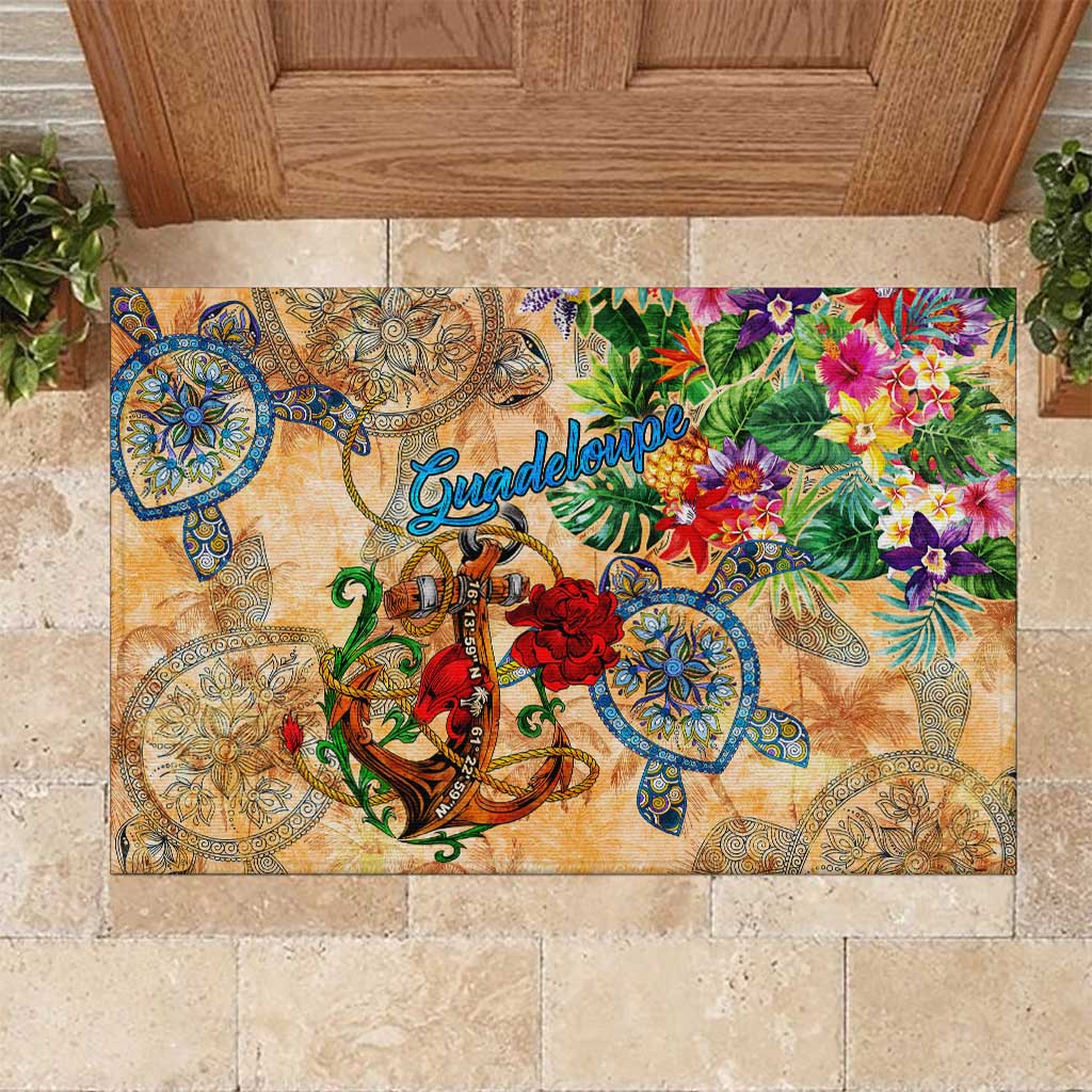 Guadeloupe Rubber Doormat Geographic Coordinate Anchor - Turlte Tropical