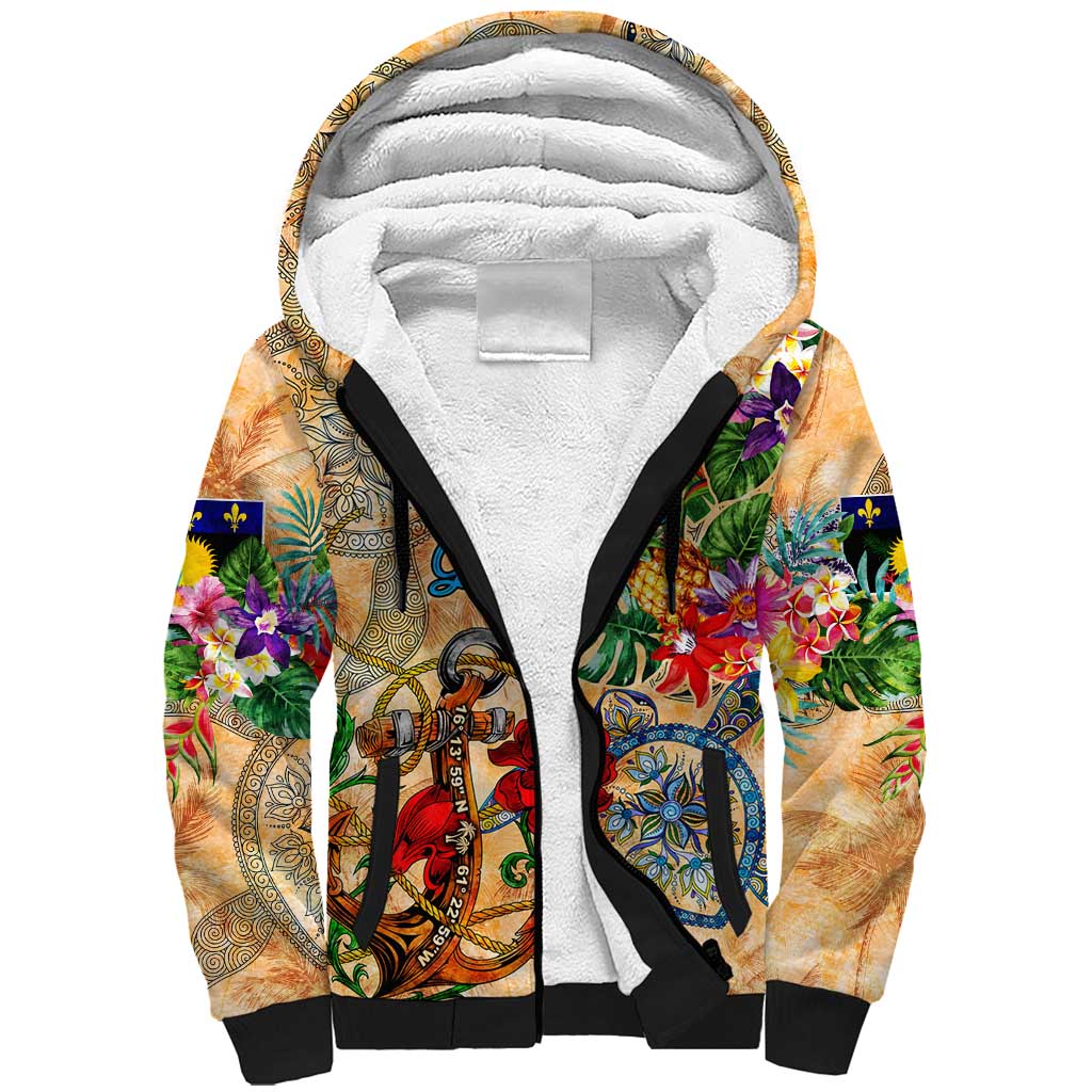 Guadeloupe Sherpa Hoodie Geographic Coordinate Anchor - Turlte Tropical