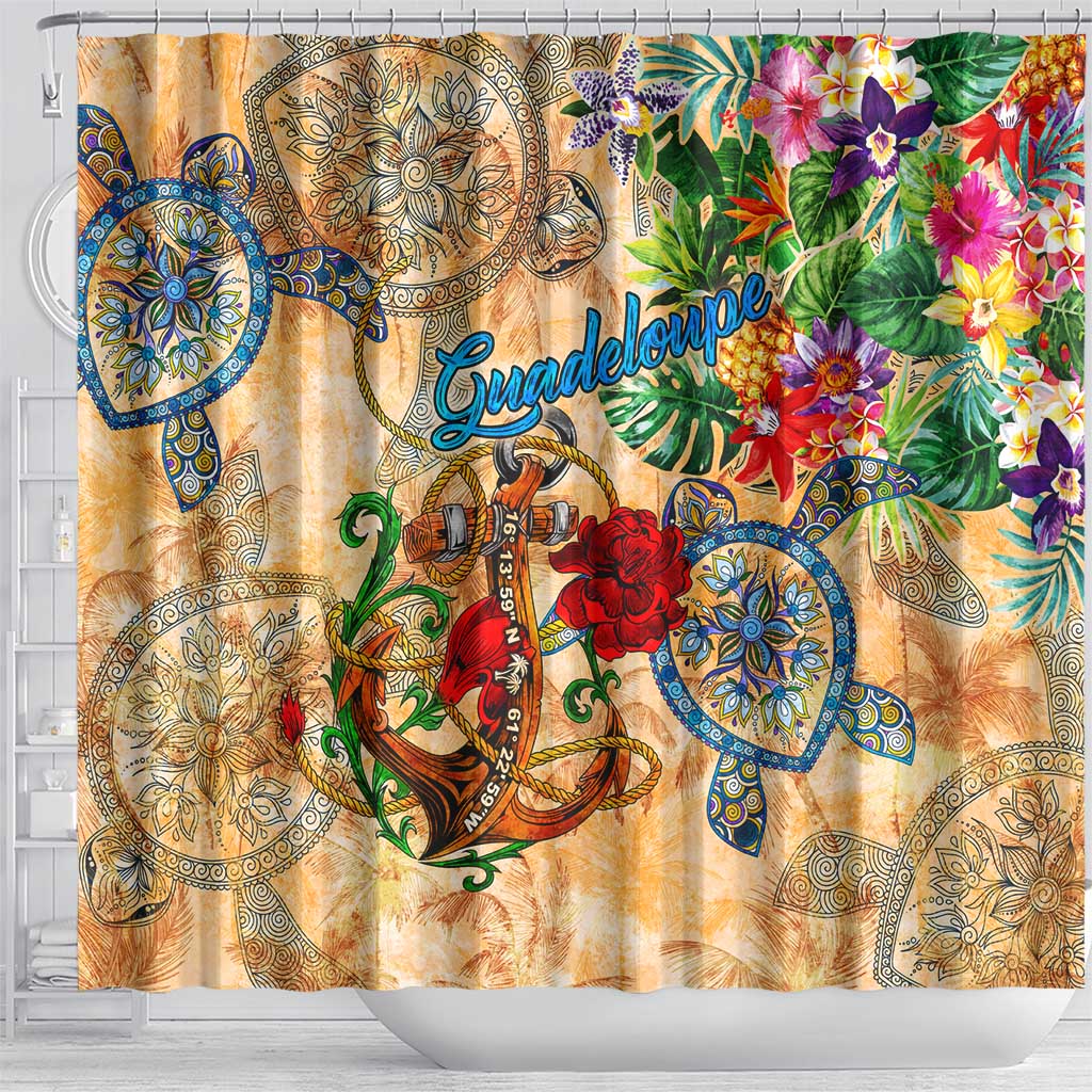 Guadeloupe Shower Curtain Geographic Coordinate Anchor - Turlte Tropical