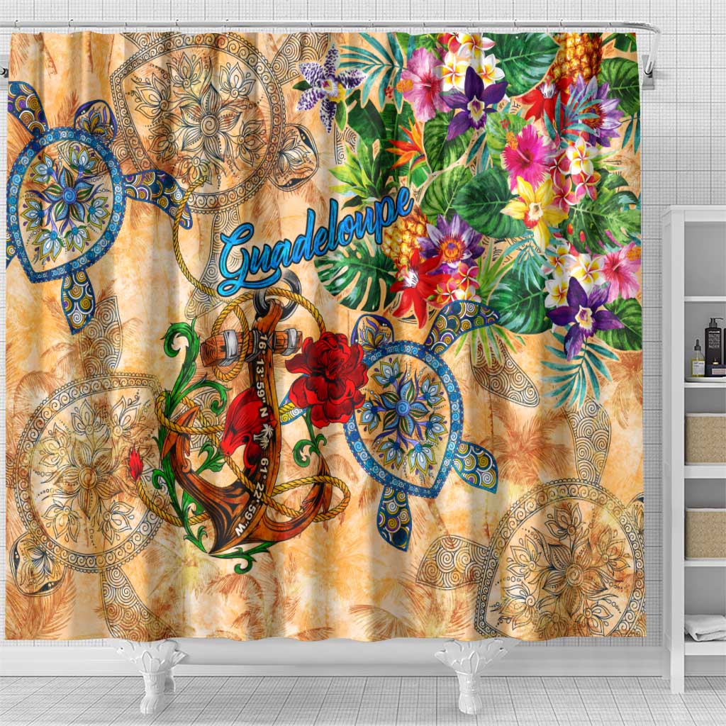 Guadeloupe Shower Curtain Geographic Coordinate Anchor - Turlte Tropical
