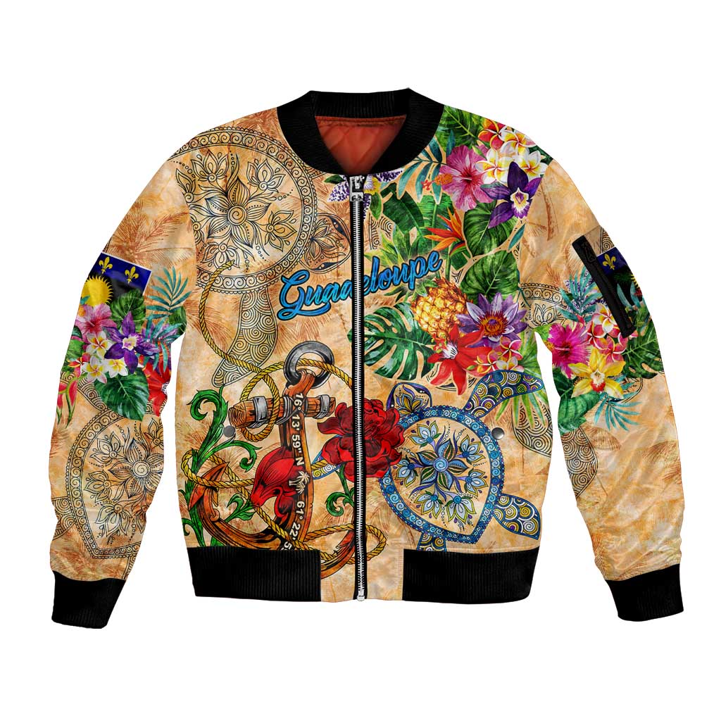 Guadeloupe Sleeve Zip Bomber Jacket Geographic Coordinate Anchor - Turlte Tropical