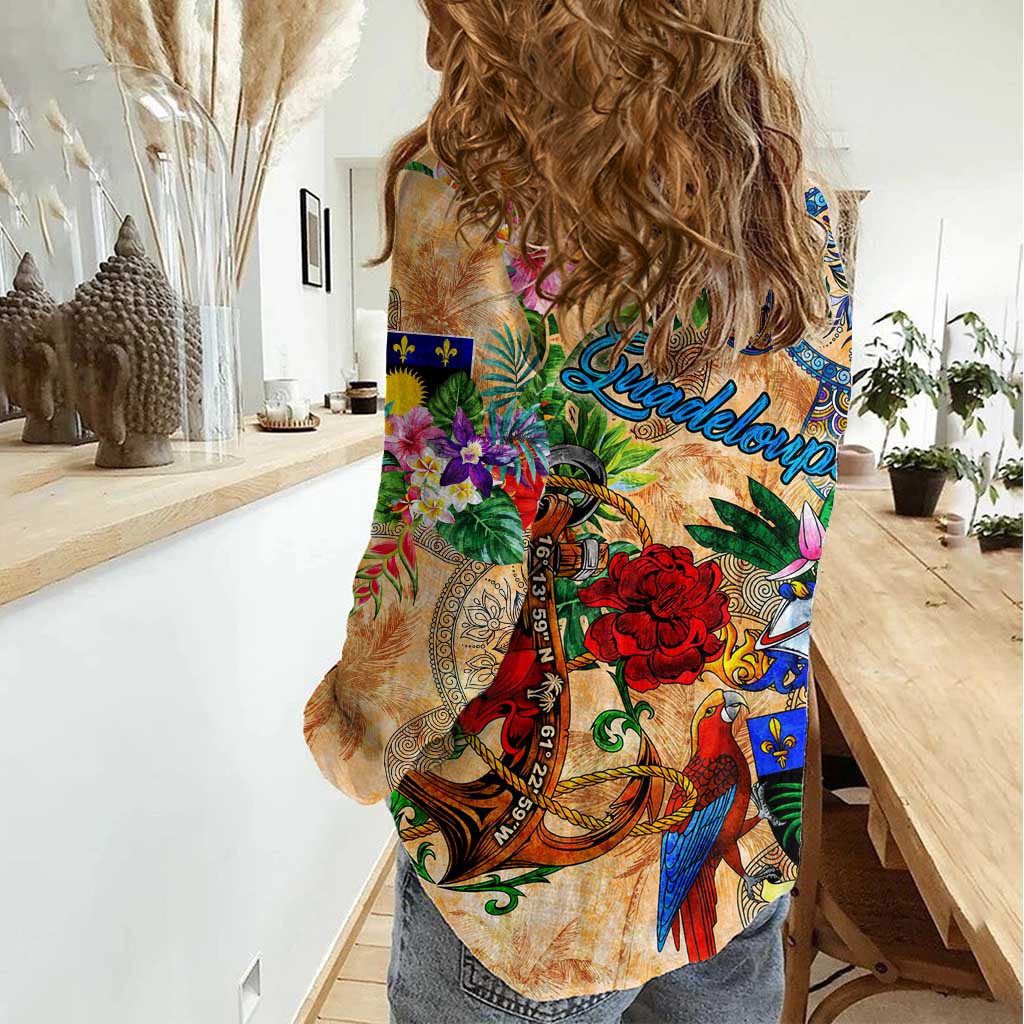 Guadeloupe Women Casual Shirt Geographic Coordinate Anchor - Turlte Tropical
